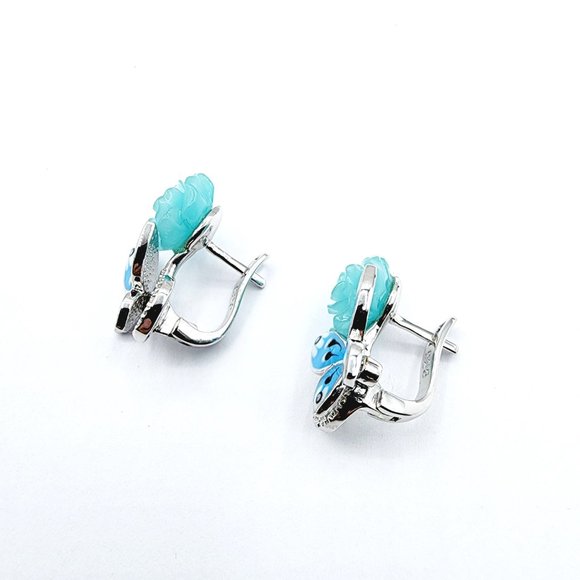 Enamel Butterfly, Glass Flower and CZ Earrings - Picture 2 of 3